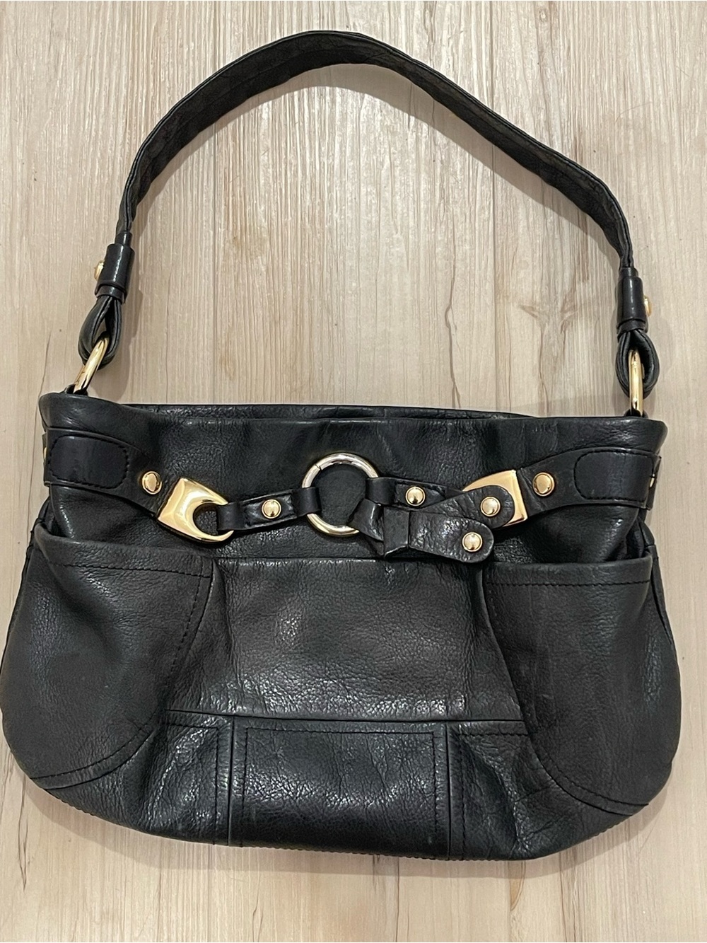 B.makowsky Black Leather Shoulder Bag with Gold-Tone Accents